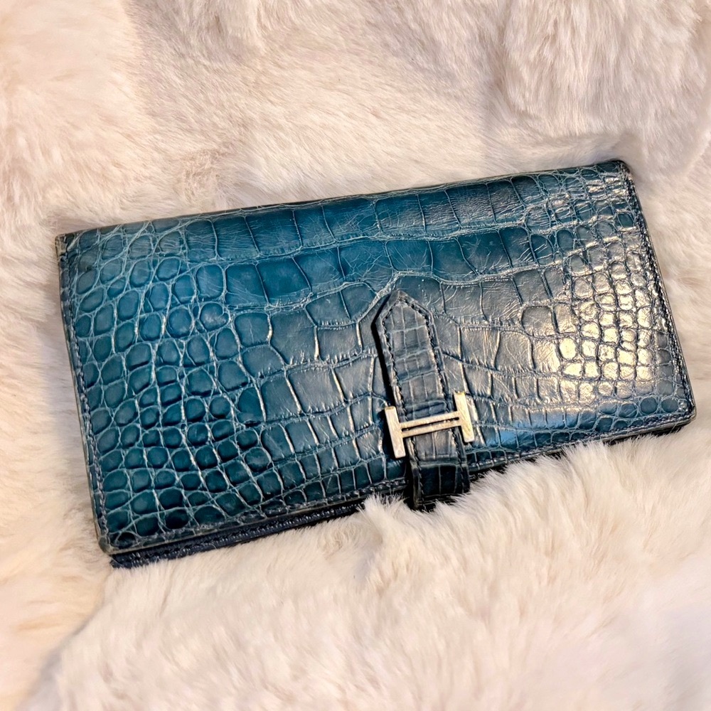 Hermes Blue Crocodile Leather Bearn Wallet